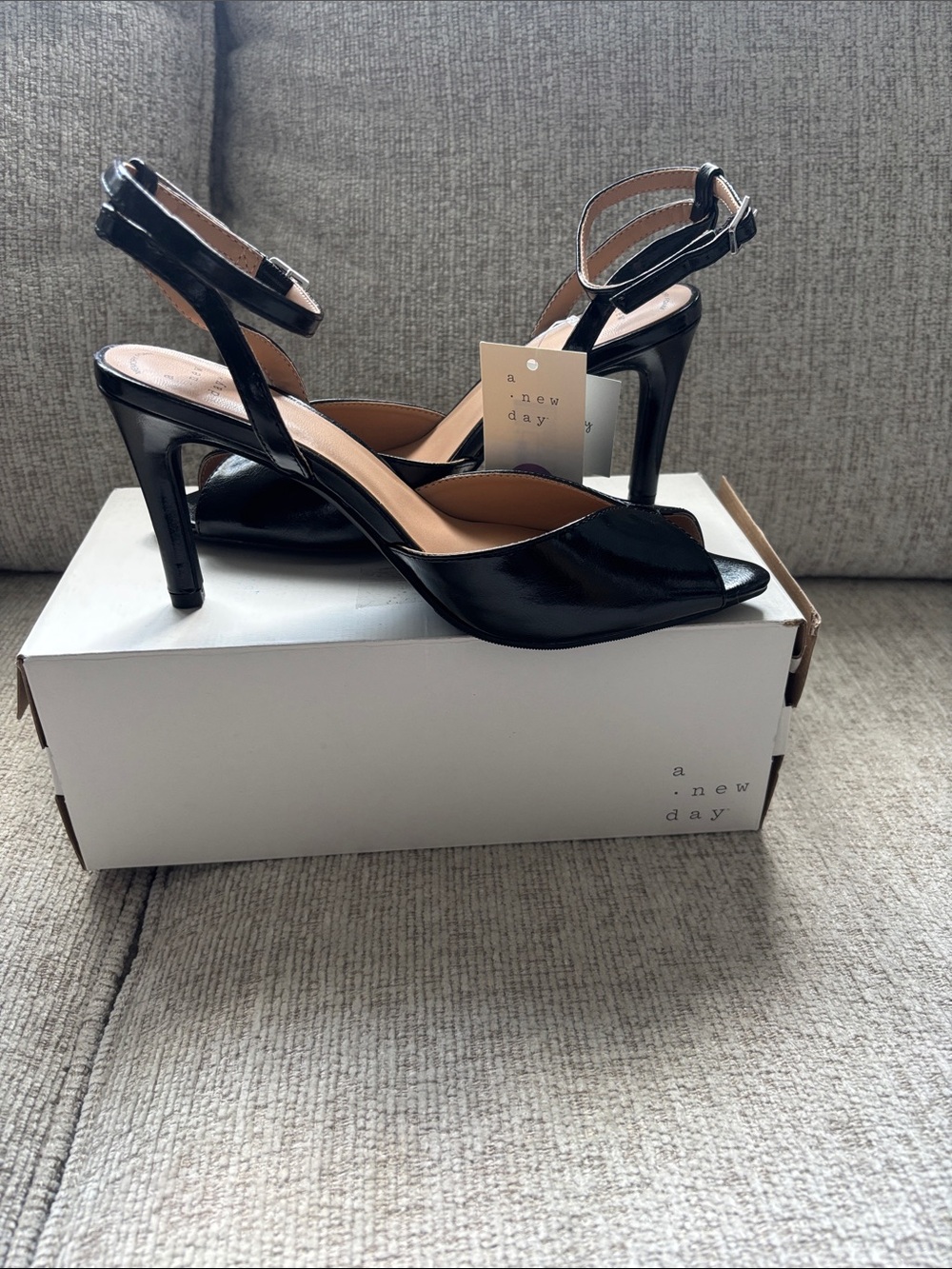 a new day Black Patent Peep-Toe Ankle-Strap Heels